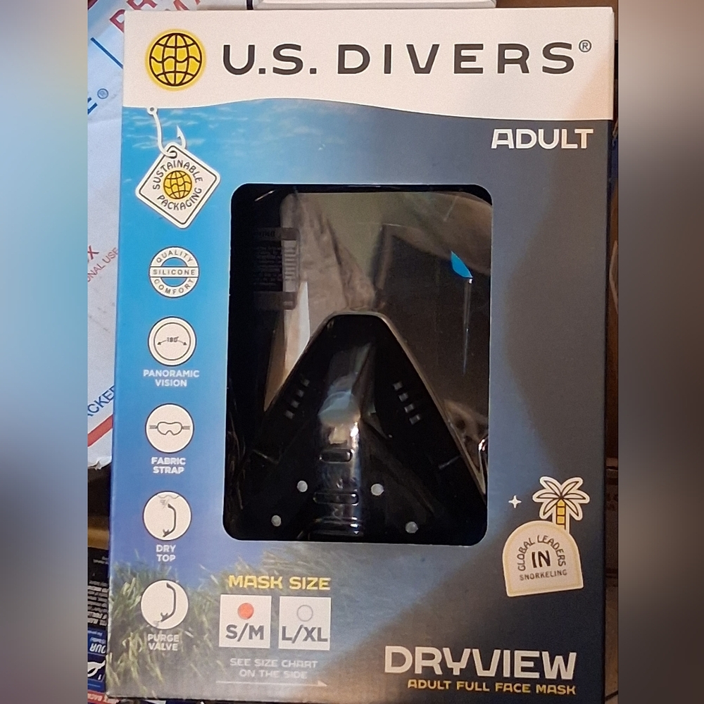 U.S. Divers DryView Adult Full Face Snorkel Mask - Black/Blue Box